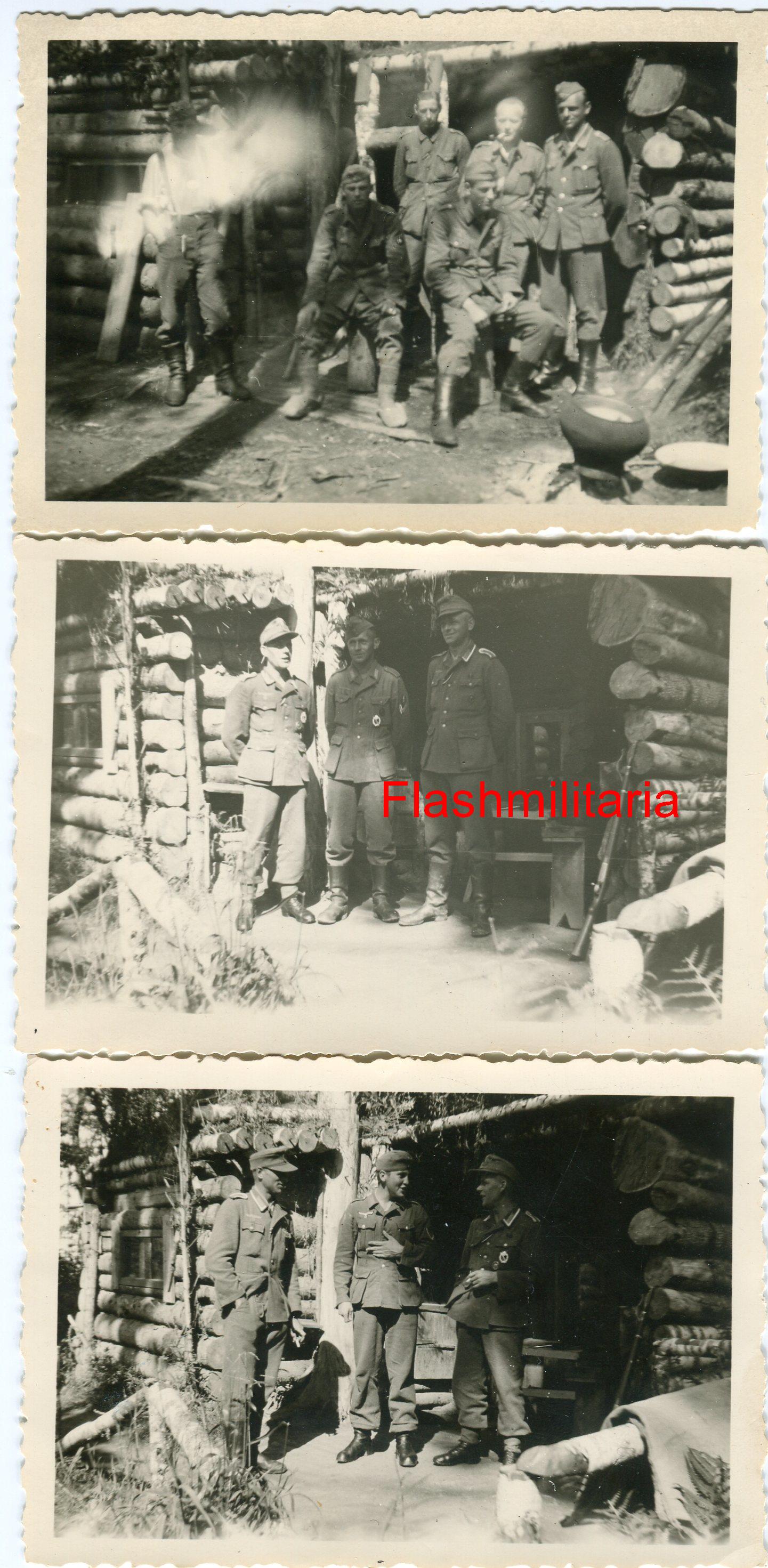 militaria : 3 photos allemandes -- Soldats devant baraque en forêt