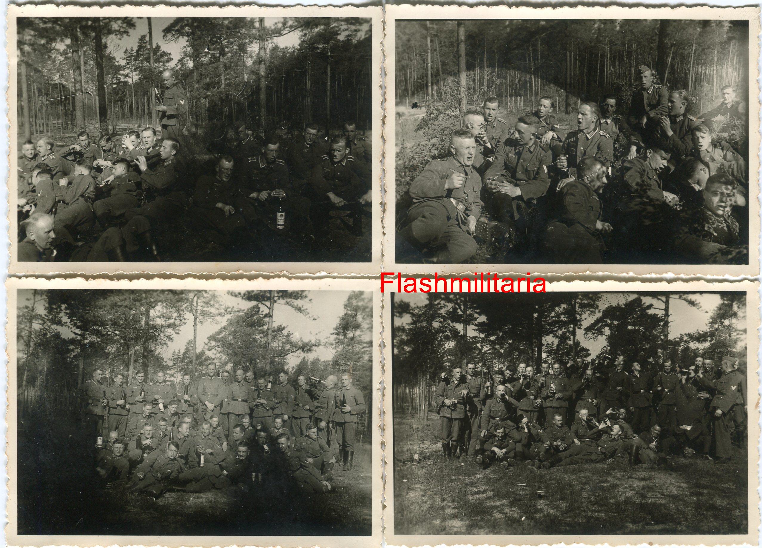 militaria : 4 photos allemandes -- Soldats avec bouteilles en forêt ambiance festive