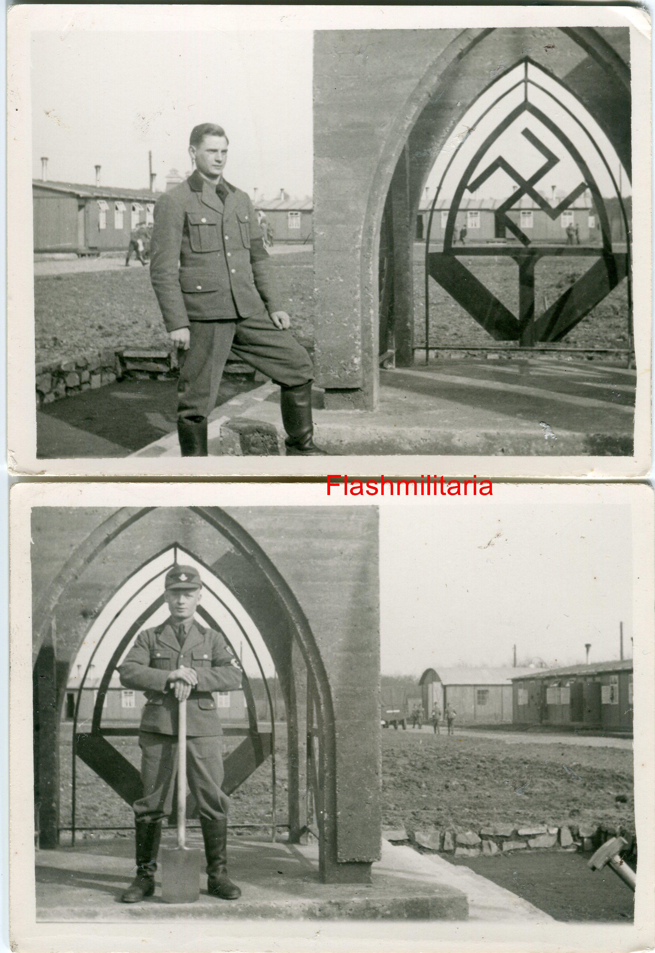 militaria : 2 photos allemandes -- Jeune du RAD monument campement