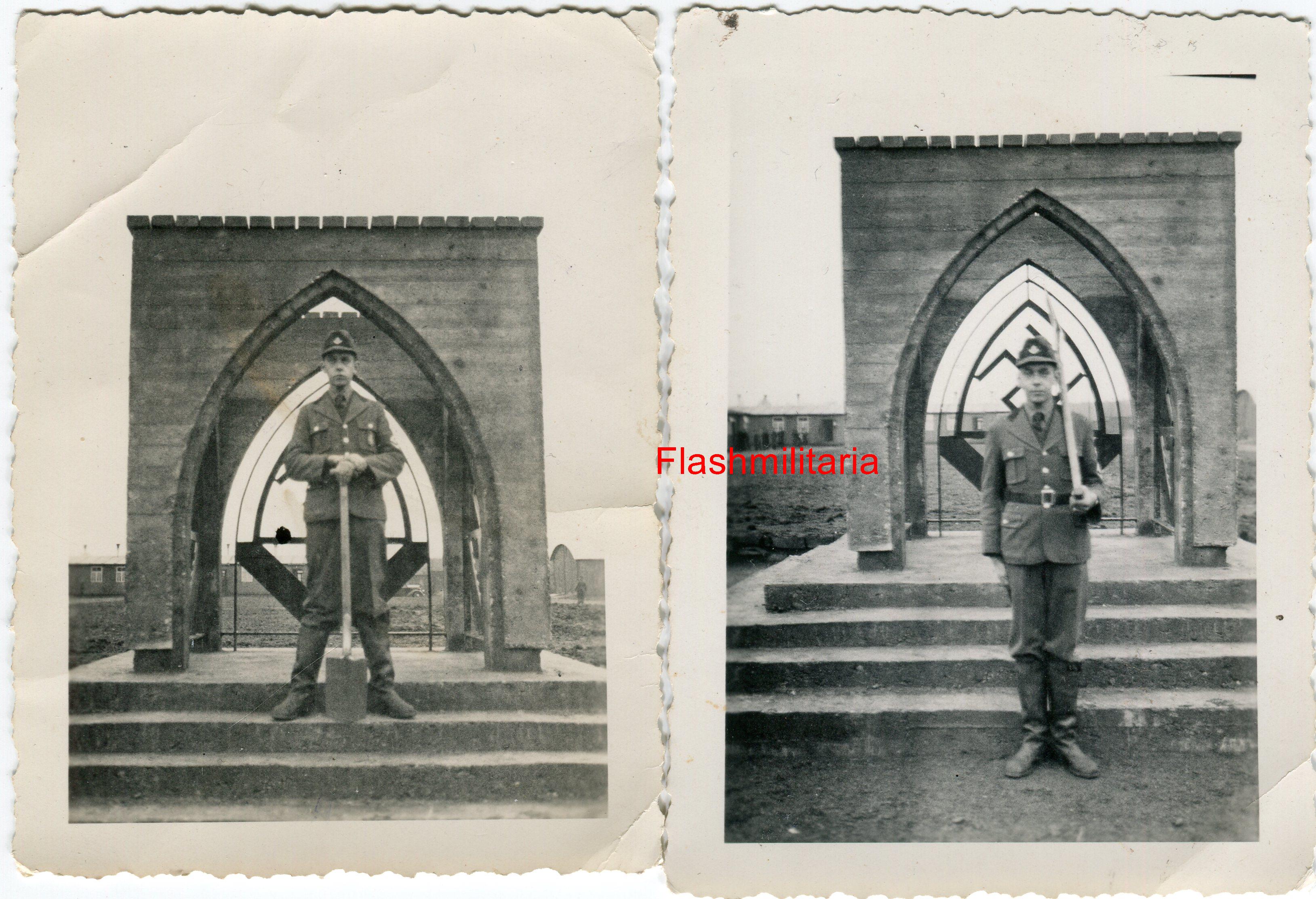 militaria : 2 photos allemandes -- Jeune du RAD devant monument